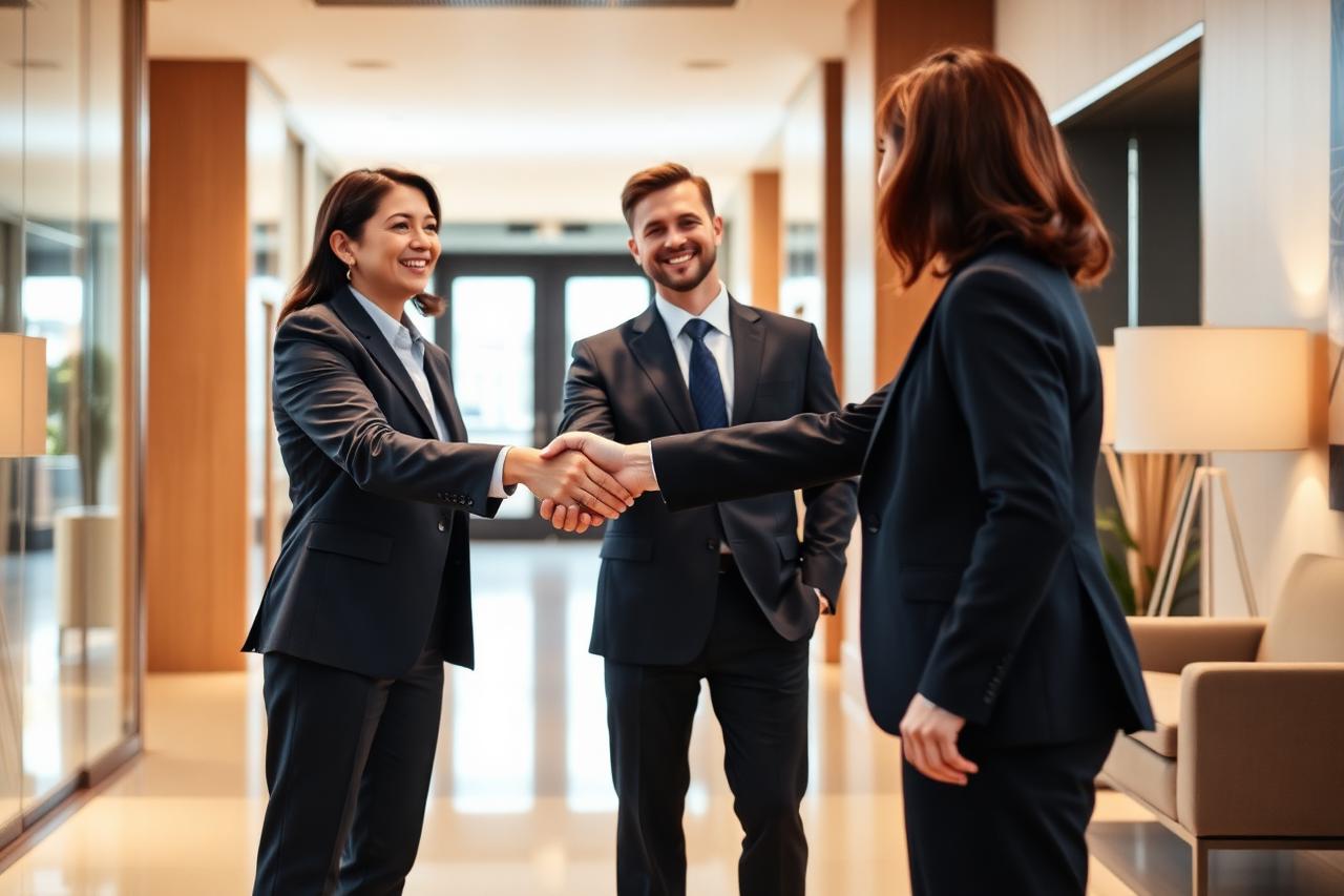 Two professionals shaking hands in a bright office lobby