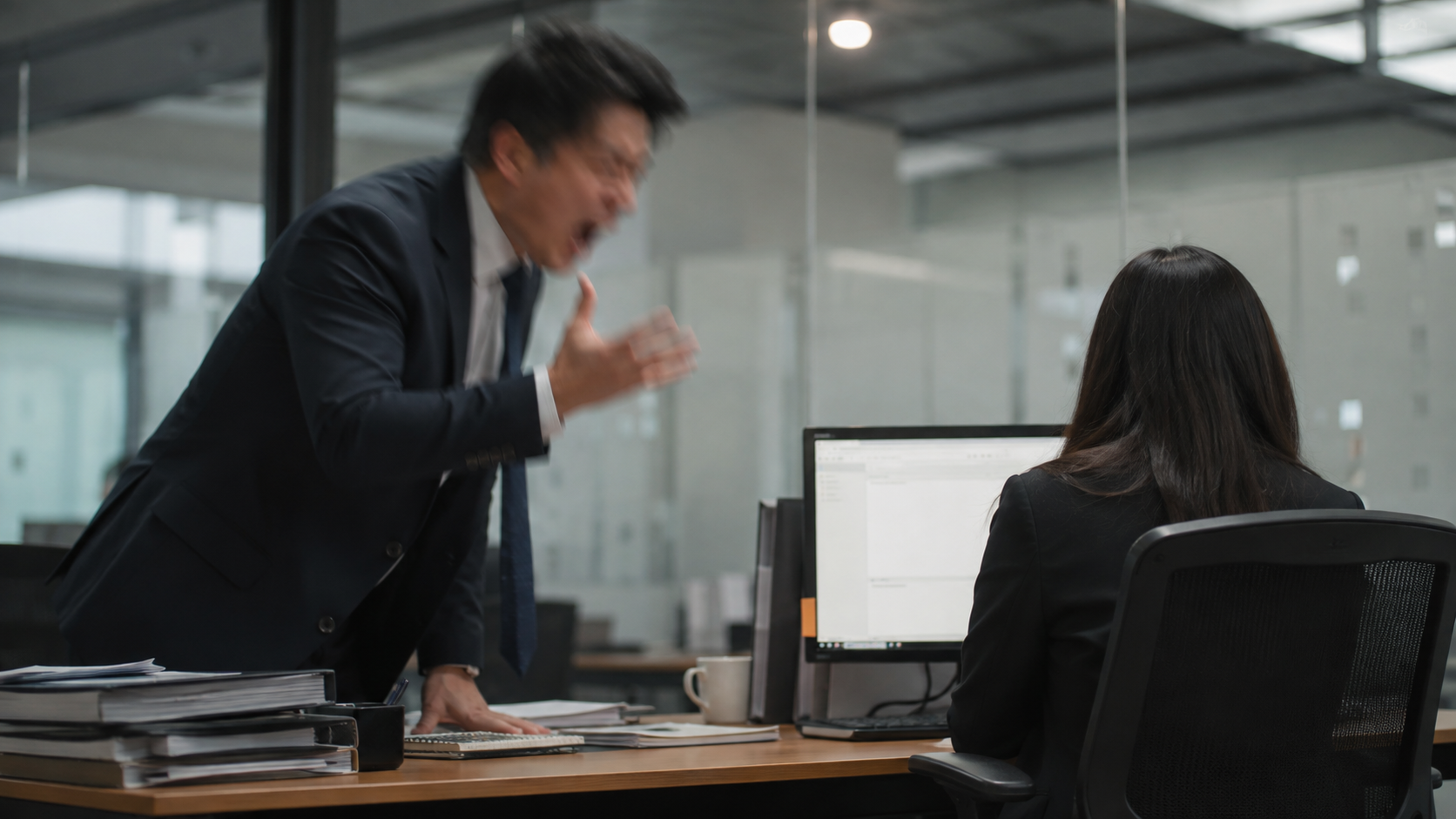 A manager shouting across a desk at a colleague in an office