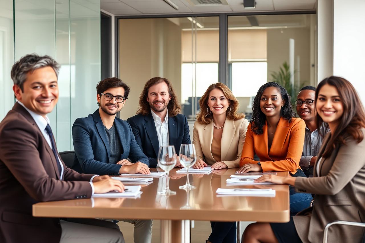 Business etiquette workshop with a group of professionals around a table